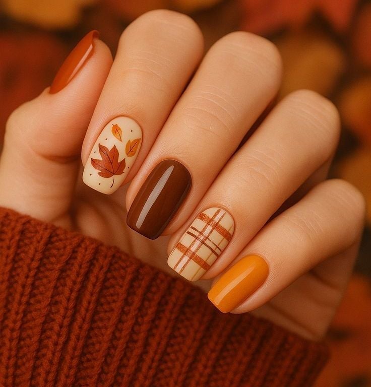 Short Square Autumn Plaid Leaf Nails — Cute Nail Art Inspo