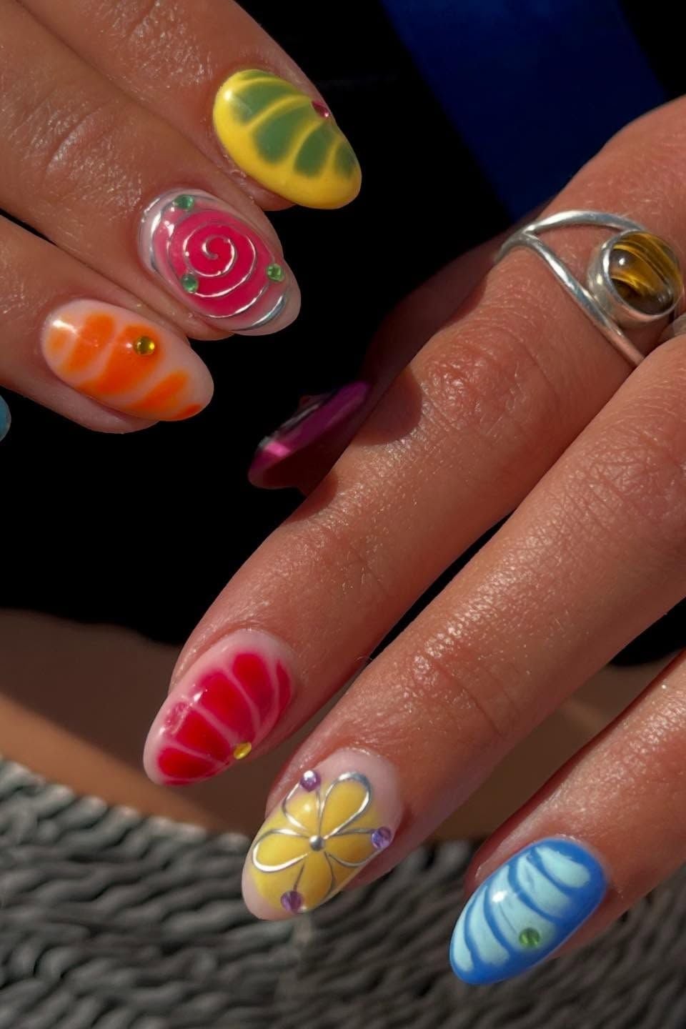 Short Oval Glossy Fruit Floral Rhinestone Nails — Cute Nail Art Inspo