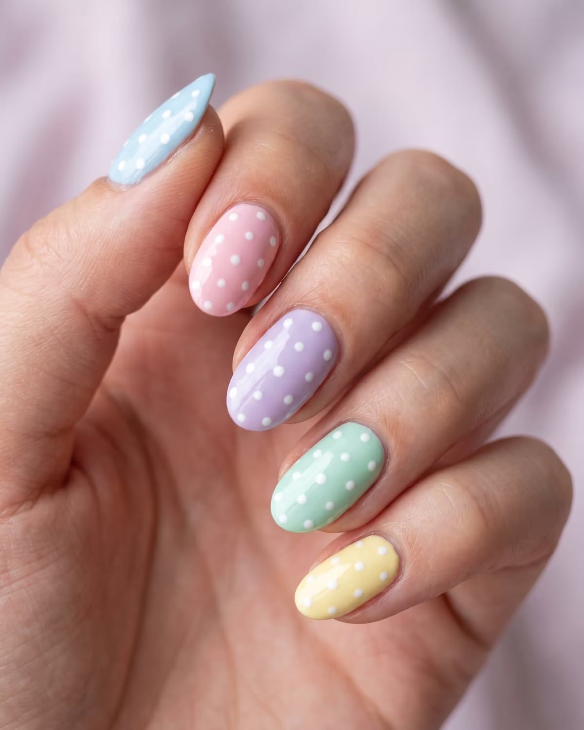 Pastel Oval Nails With White Dot Accents Pastel Oval Nails With White Dot Accents — Cute Oval Nails