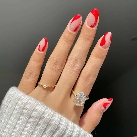Clear Base Oval Nails With Red Abstract Lines Clear Base Oval Nails With Red Abstract Lines — Cute Oval Nails