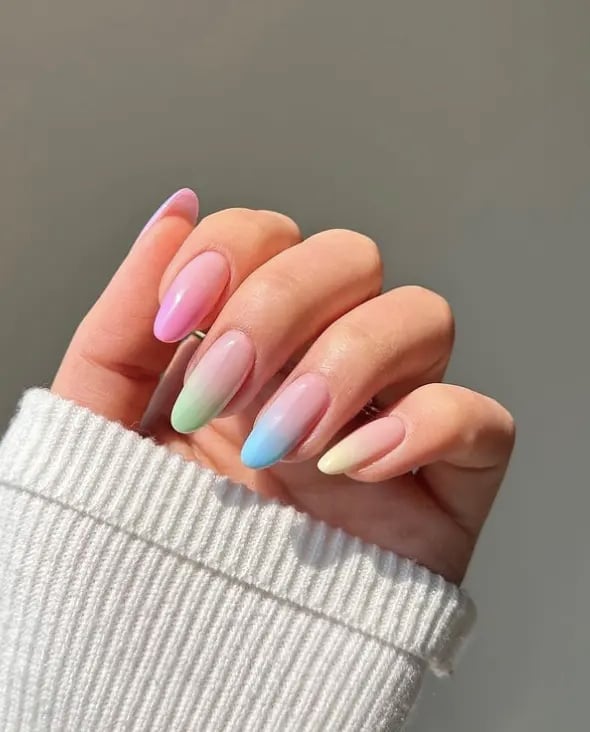 Long Oval Pink Blue Green Yellow Ombre Nails Long Oval Pink Blue Green Yellow Ombre Nails — Cute Oval Nails