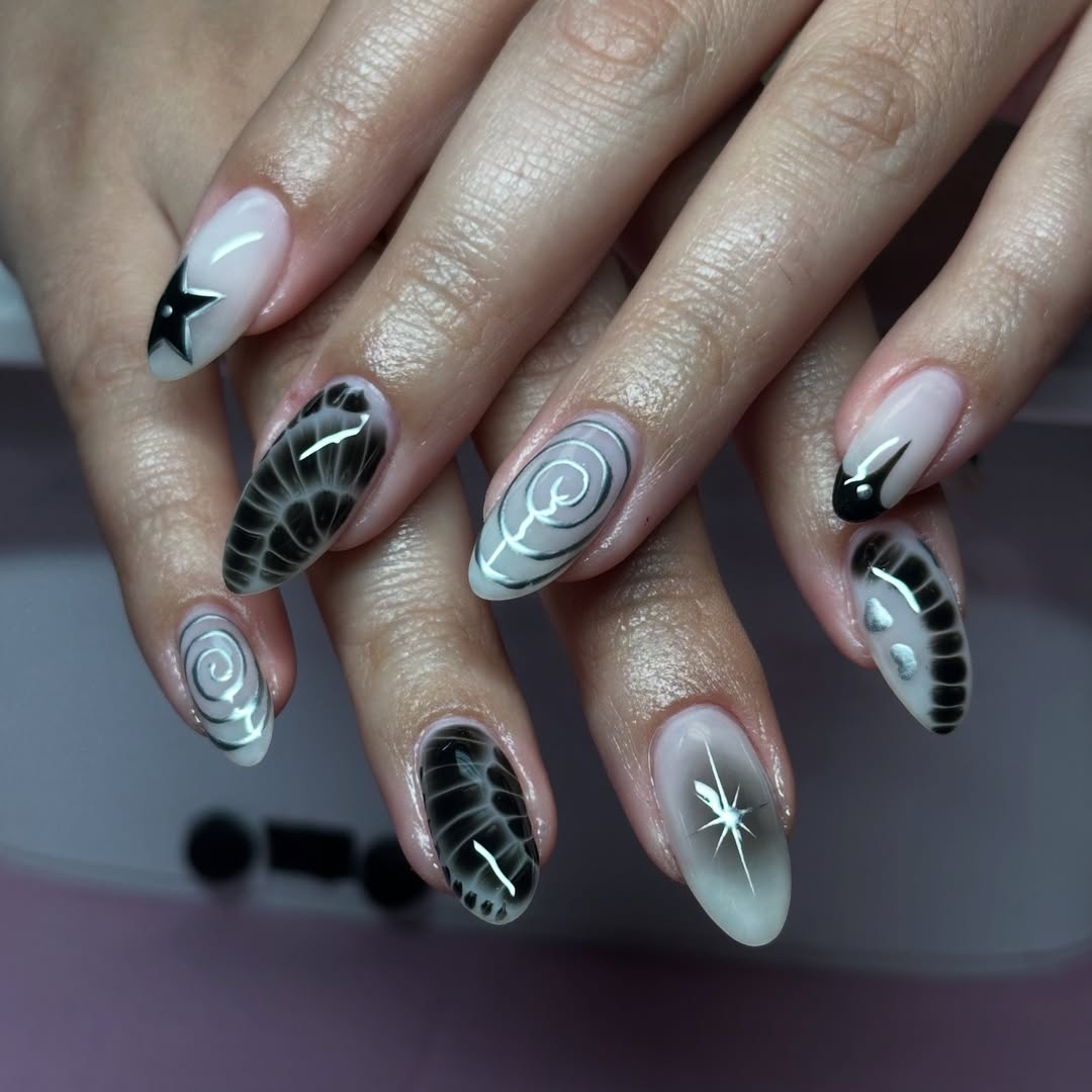 Grey White Gradient Oval Nails With Black Silver Art Grey White Gradient Oval Nails With Black Silver Art — Cute Oval Nails