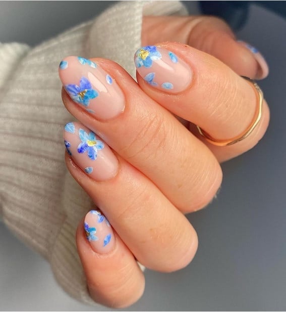 Sheer Nude Oval Nails With Blue Floral Decals Sheer Nude Oval Nails With Blue Floral Decals — Cute Oval Nails