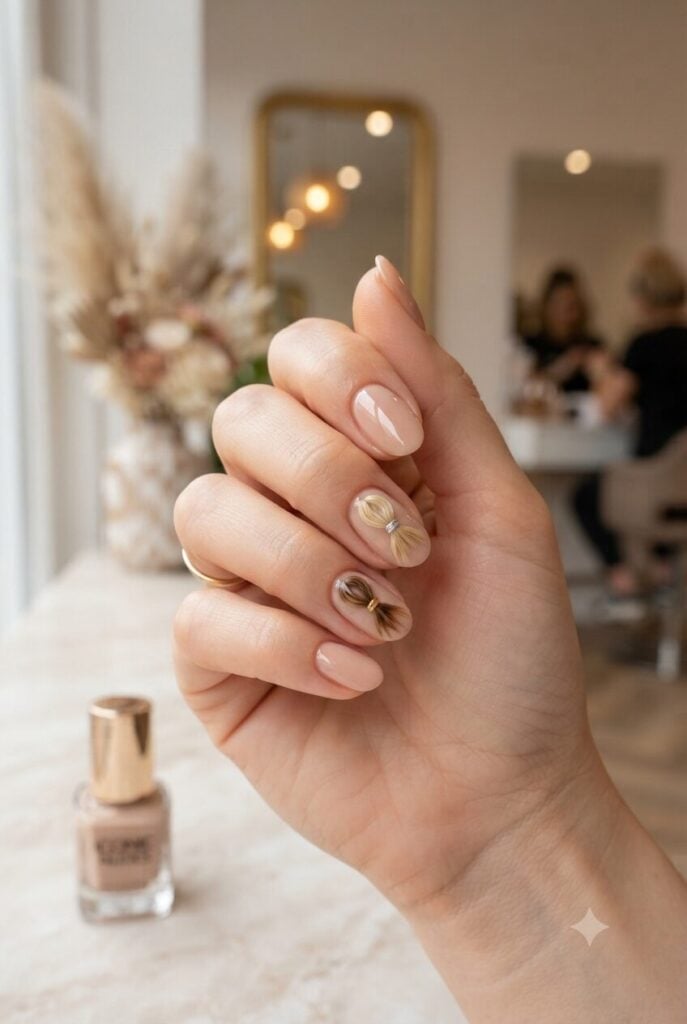 Sheer Nude Oval Nails With Ribbon Bow Art Sheer Nude Oval Nails With Ribbon Bow Art — Cute Oval Nails