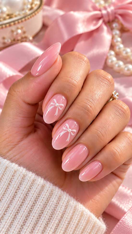 Milky Pink Oval Nails With Pearl Bows Milky Pink Oval Nails With Pearl Bows — Cute Oval Nails