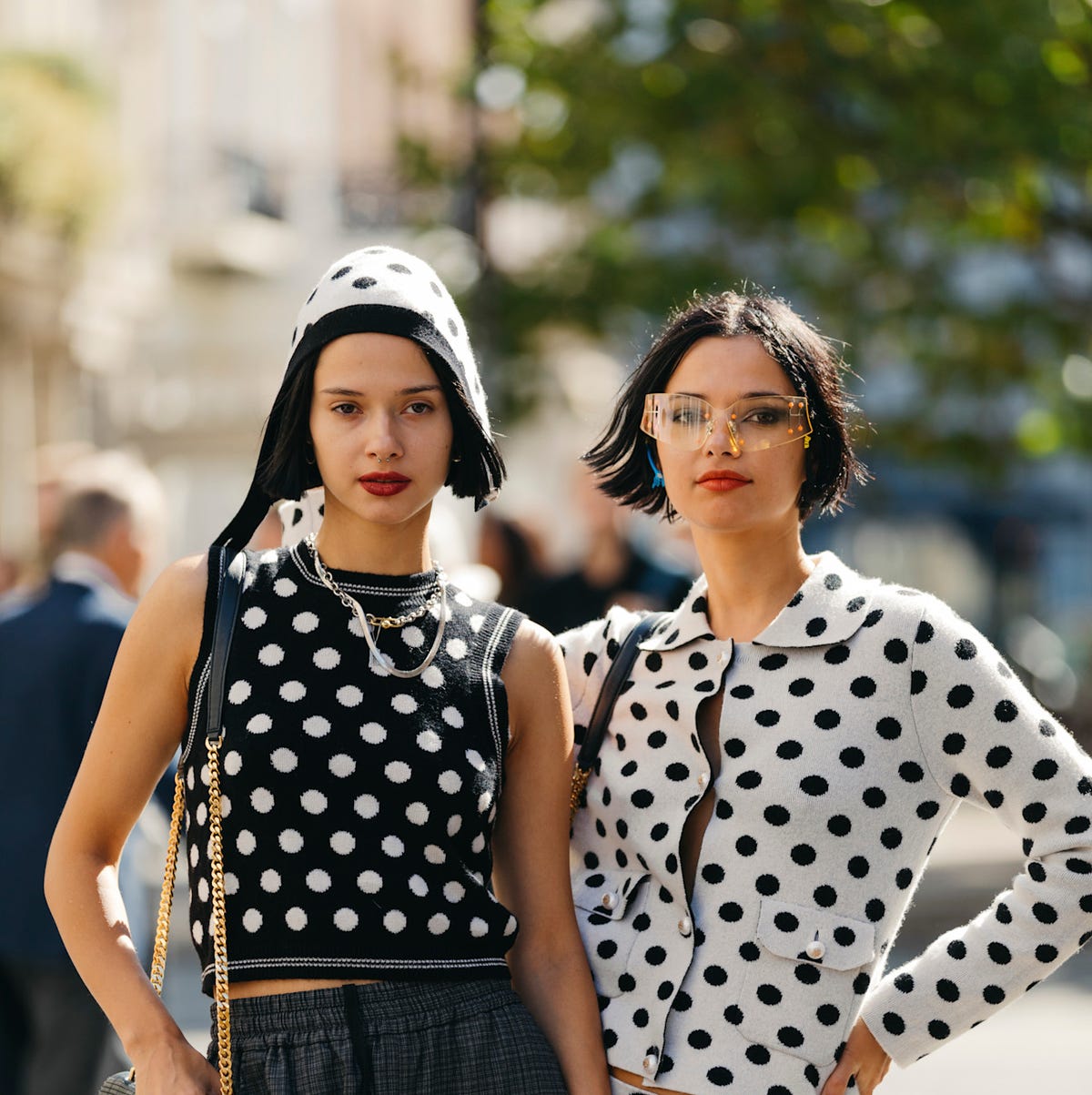 Polka Dot Cardigan Over Sleeveless Top And Checked Trousers — Cute Polka Dot Outfits