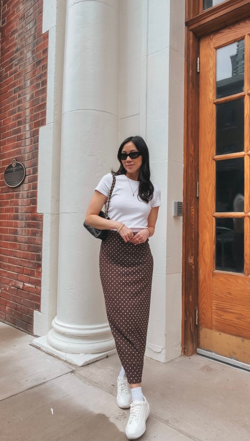White T-Shirt With Brown Polka Dot Maxi Skirt — Cute Polka Dot Outfits