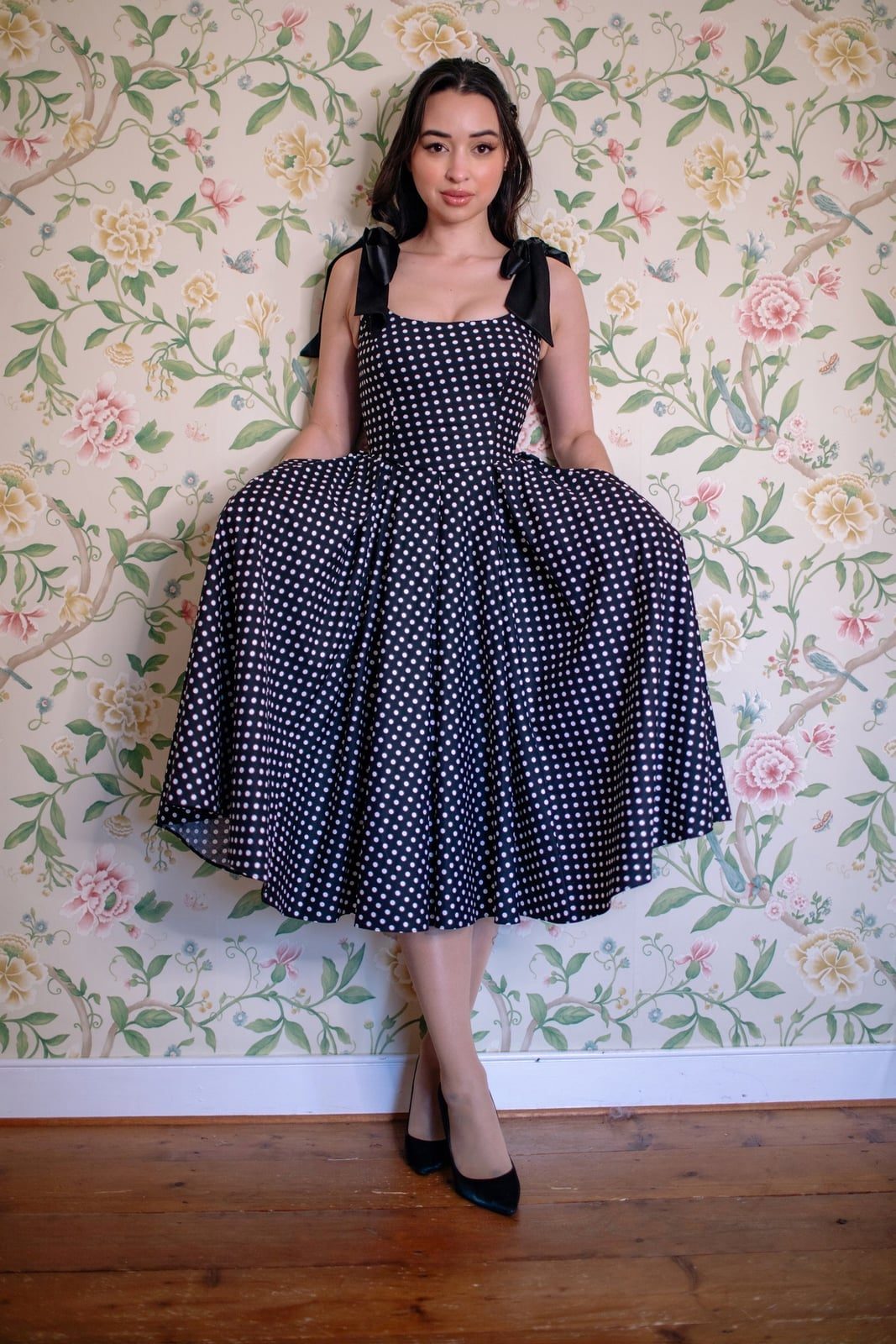 Black Polka Dot Midi Dress With Square Neckline, Everyday Version — Cute Polka Dot Outfits
