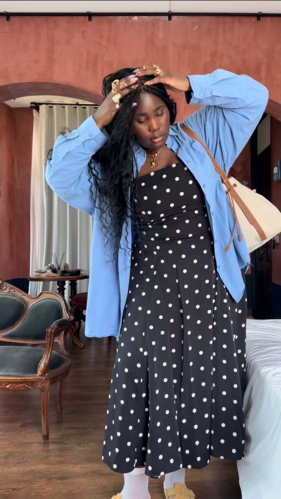 Layered Blue Shirt Over Black Polka Dot Crepe, Office-Safe Version — Cute Polka Dot Outfits