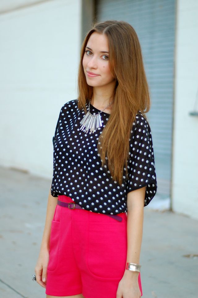 Black Polka Dot Blouse With Bright Pink Shorts, Close-Up Take — Cute Polka Dot Outfits