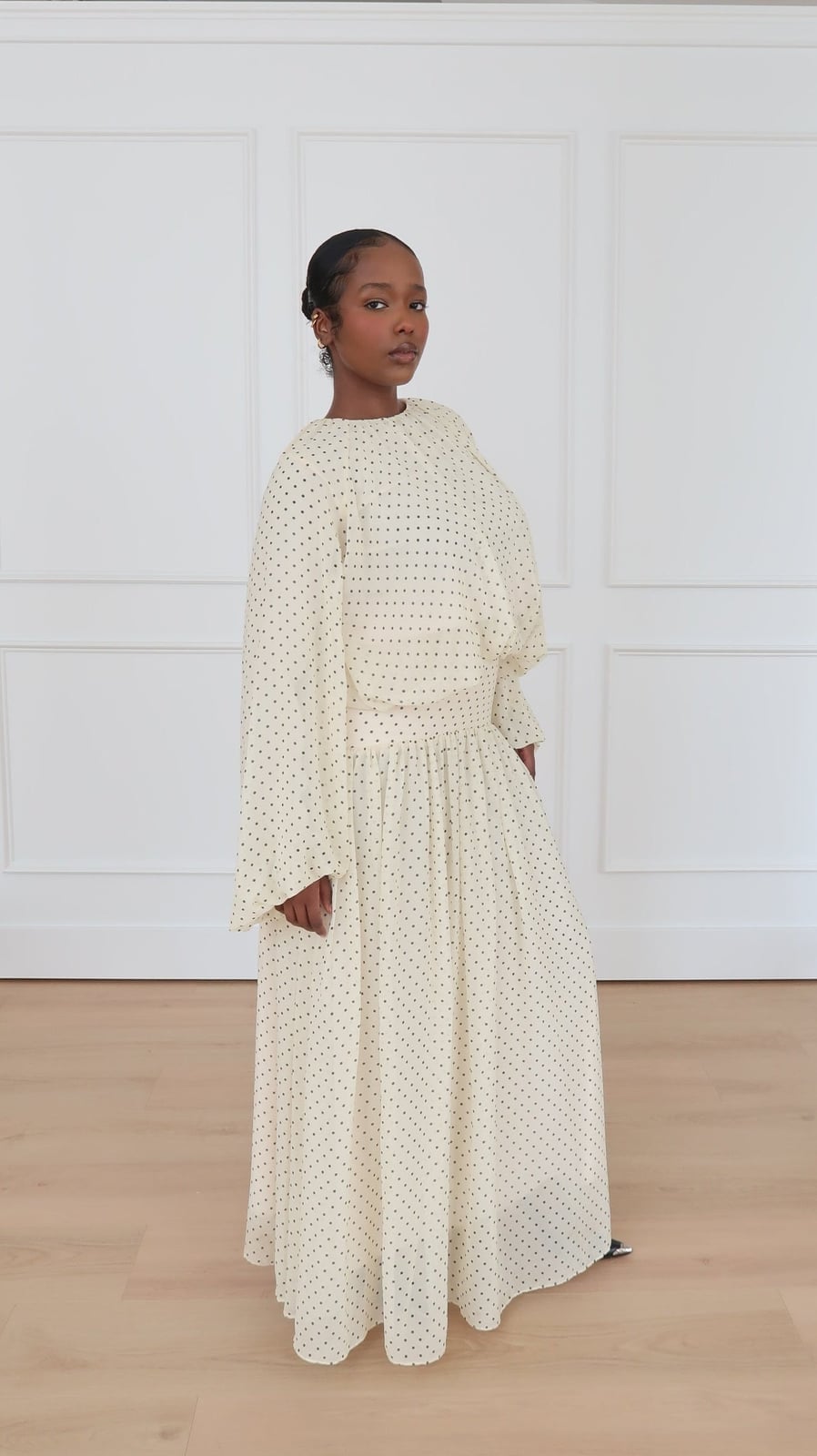 Cream Long Sleeve Polka Dot Maxi Dress With Balloon, Close-Up Take — Cute Polka Dot Outfits