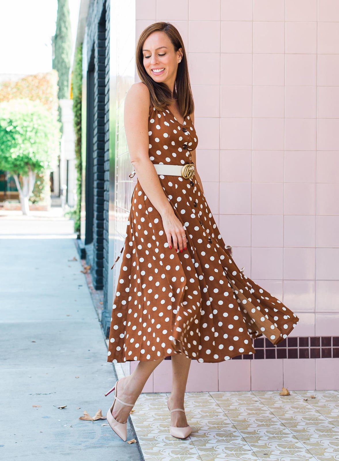 Brown Sleeveless Polka Dot Midi Dress With White Belt — Cute Polka Dot Outfits