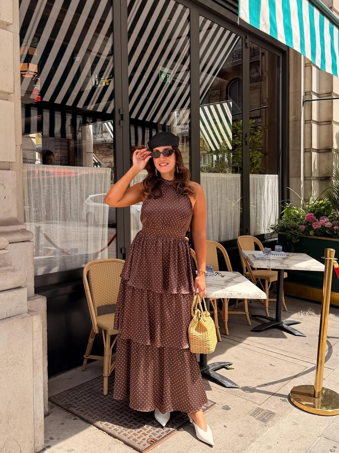 Brown Halter Neck Tiered Polka Dot Dress With Beret — Cute Polka Dot Outfits