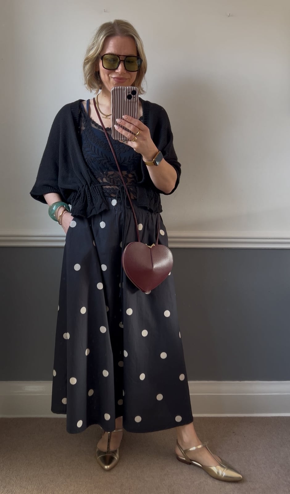 Black Cropped Cardigan Over Camisole With Polka Dot Midi Skirt — Cute Polka Dot Outfits