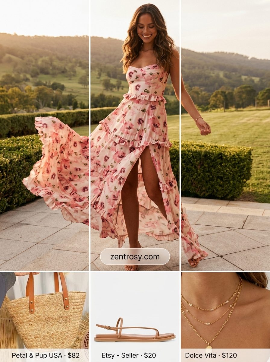 Bohemian pastel floral maxi dress with straw tote for cute preppy summer outfits for women 2026.