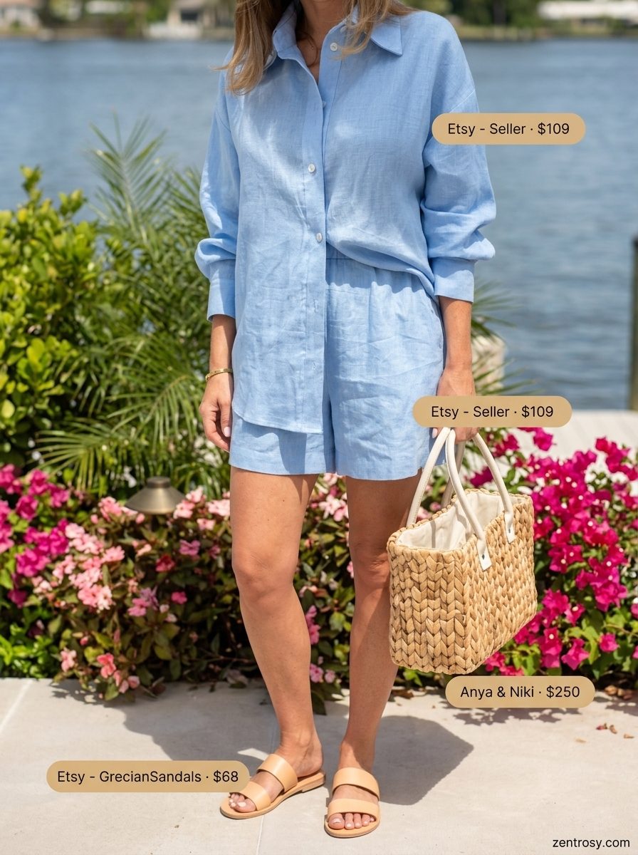 Relaxed sky blue linen set with straw tote for cute preppy summer outfits for women 2026.