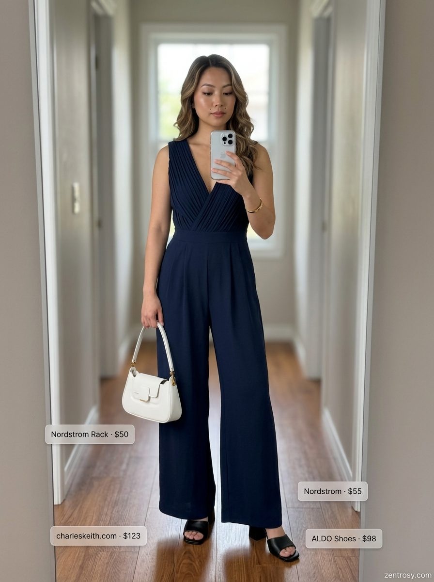 Sophisticated navy wide-leg jumpsuit with block heels for cute preppy summer outfits for women 2026.