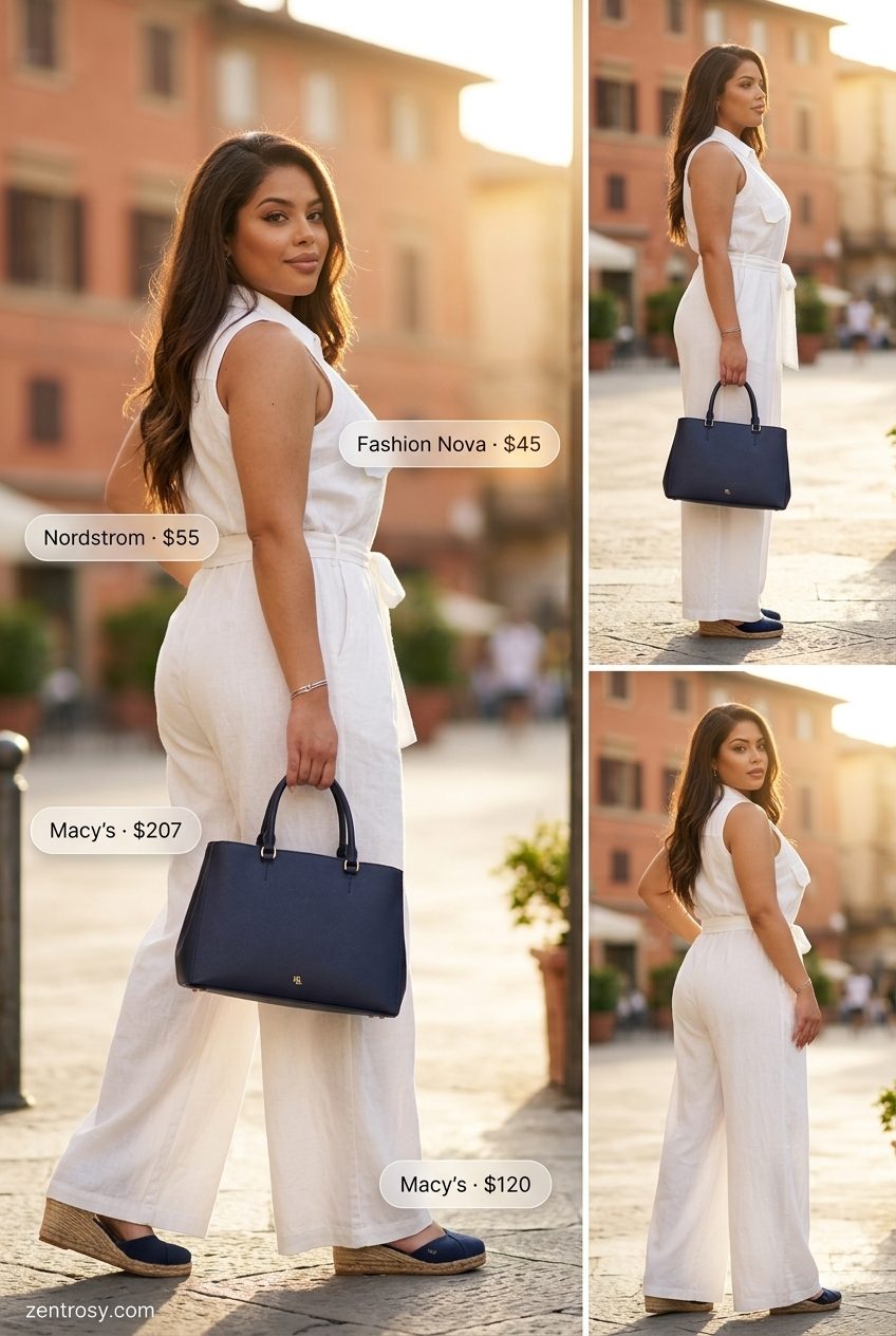 Chic white linen jumpsuit with navy accessories for cute preppy summer outfits for women 2026.