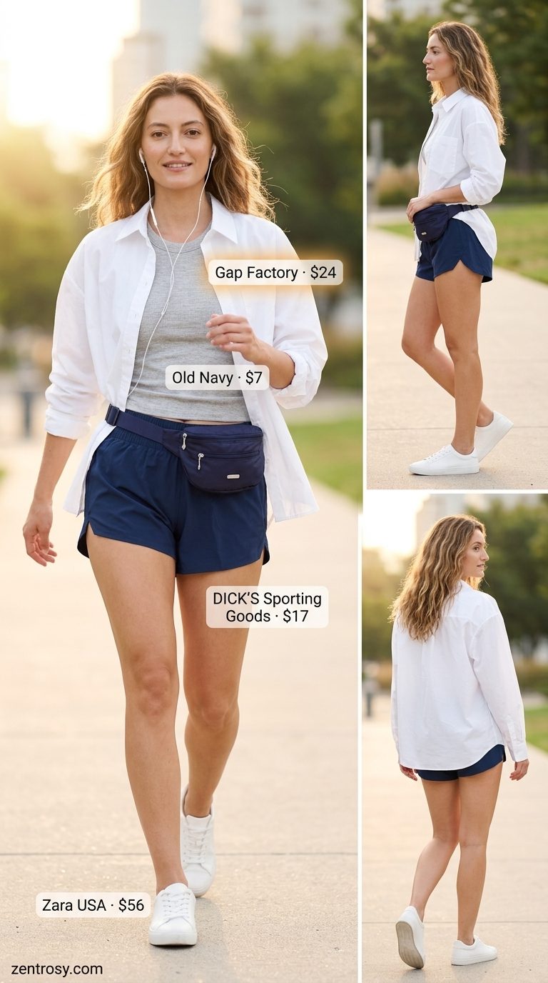 Cute preppy summer outfits for women 2026: Navy shorts, grey tank, white shirt, white sneakers, belt bag.