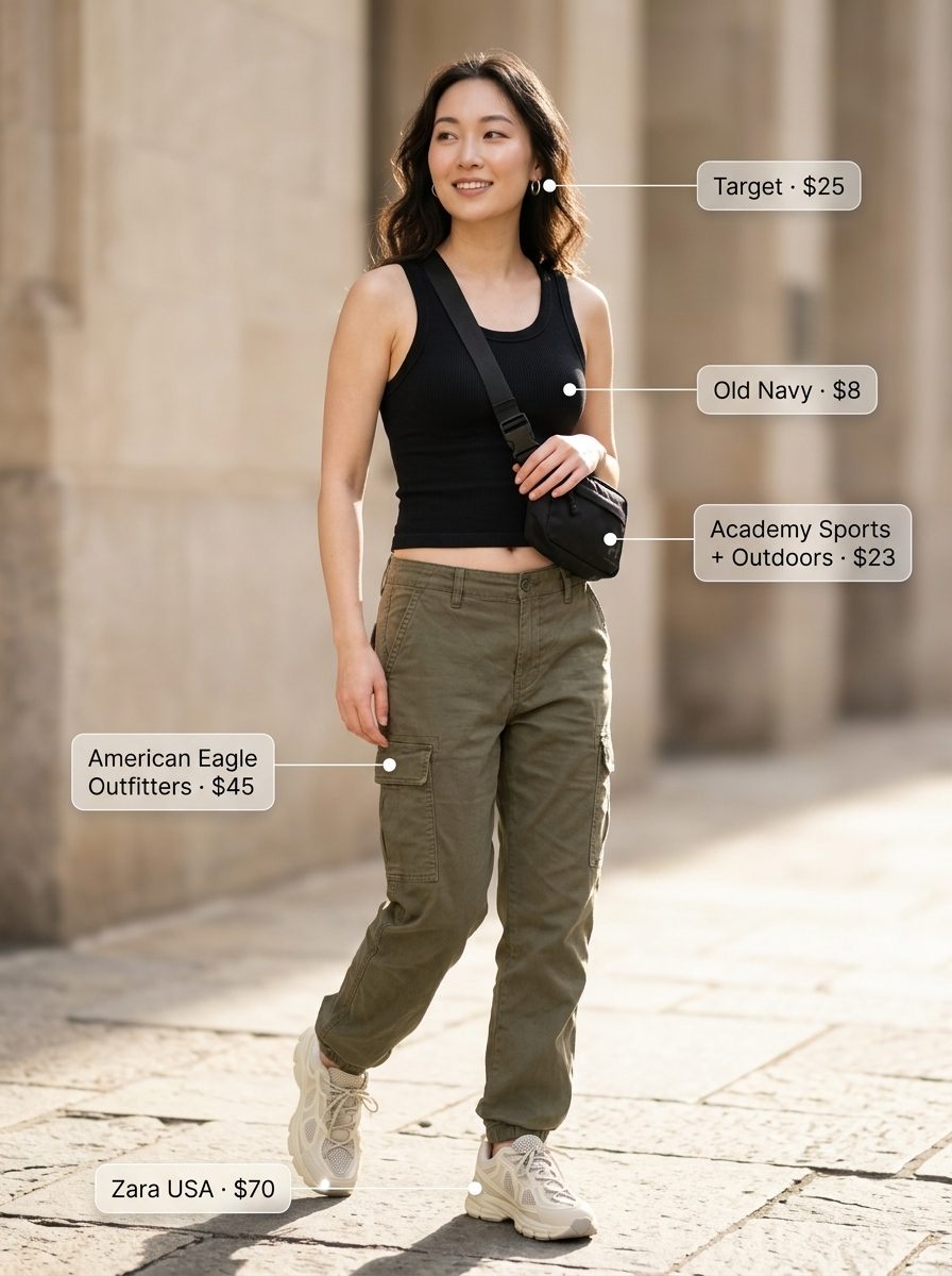 Cute preppy summer outfits for women 2026: Cargo pants, black tank, sneakers for city exploration.