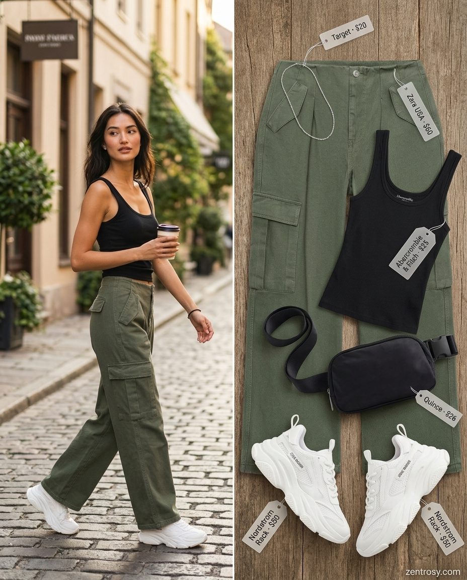 Cute preppy summer outfits for women 2026: Khaki cargo pants, black tank, white sneakers, silver necklace, black belt bag.