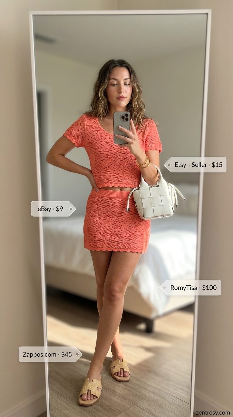 Cute preppy summer outfits for women 2026: Coral crochet set, raffia sandals, woven bag, gold bangles.