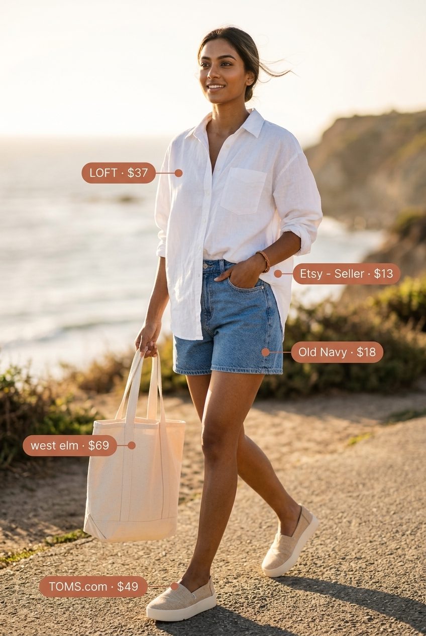 Cute preppy summer outfits for women 2026: Denim shorts, white linen shirt, tan sneakers for weekend casual.