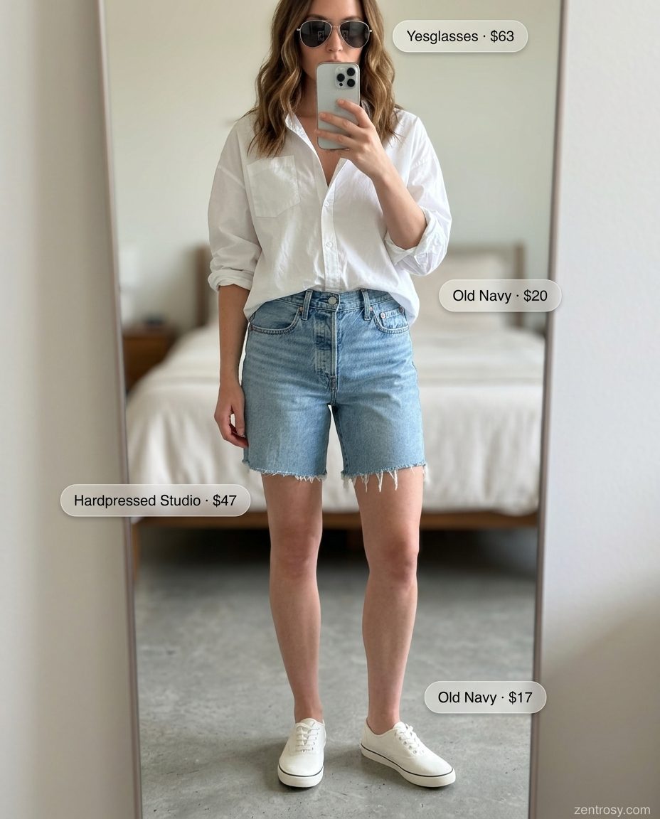 Cute preppy summer outfits for women 2026: Denim shorts, white button-down, white sneakers, canvas tote, aviators.