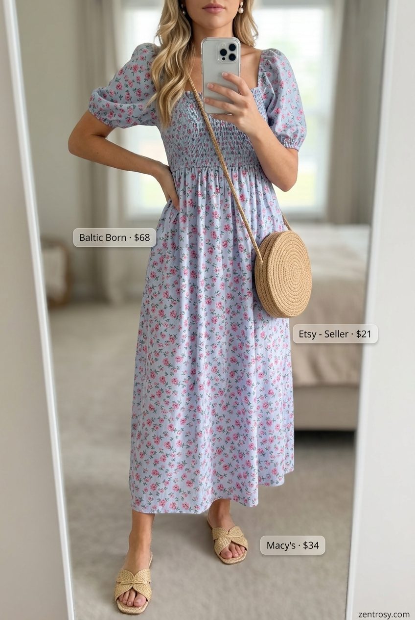 Cute preppy summer outfits for women 2026: Pastel blue floral midi dress, espadrilles, pearl earrings, straw bag.