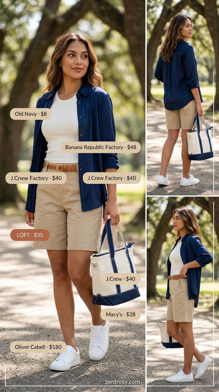 Cute preppy summer outfits for women 2026: Khaki shorts, navy shirt, white sneakers for picnic.