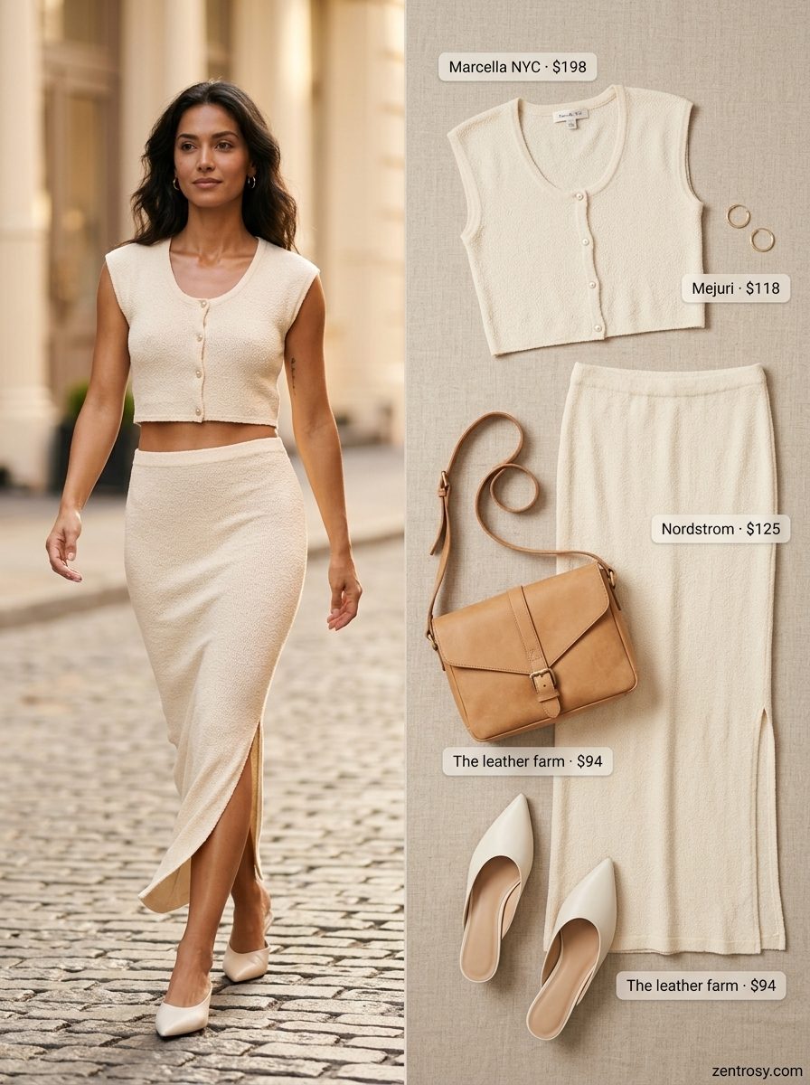 Cute preppy summer outfits for women 2026: Beige knit set, leather mules, structured bag, gold earrings.