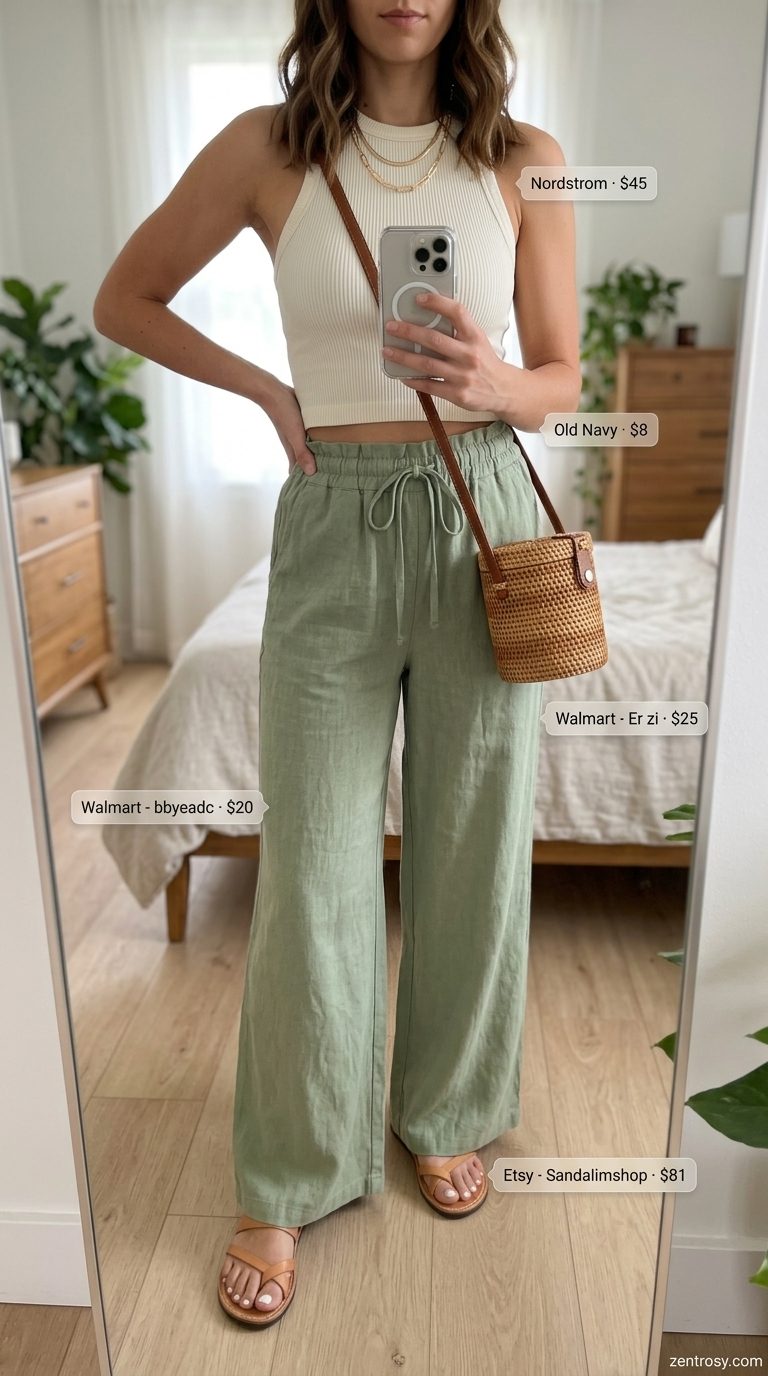 Cute preppy summer outfits for women 2026: Sage green linen pants, cream tank, gold necklaces, tan sandals, straw bag.