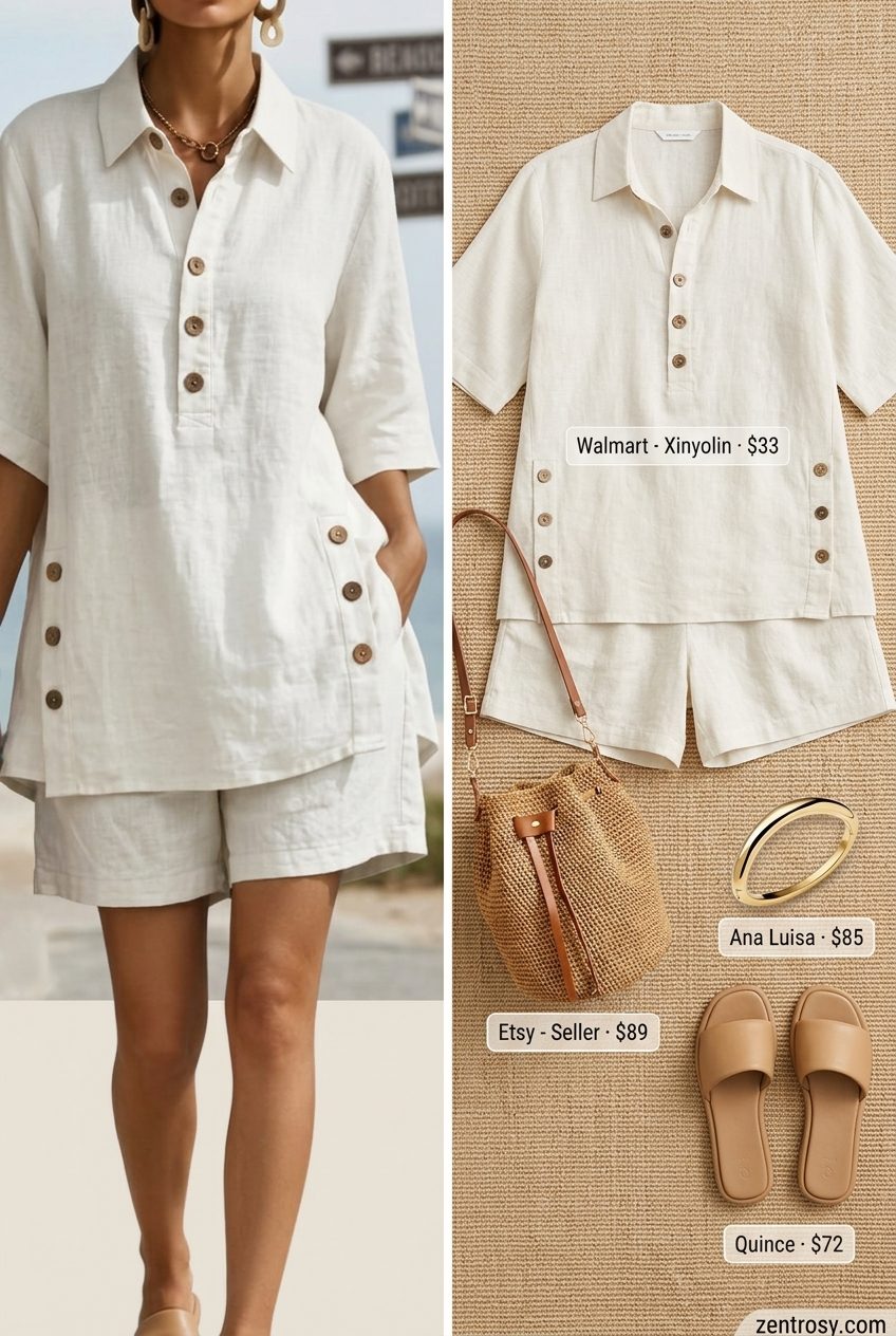 Cute preppy summer outfits for women 2026: White linen shorts set, tan slides, raffia bag, gold bangle.