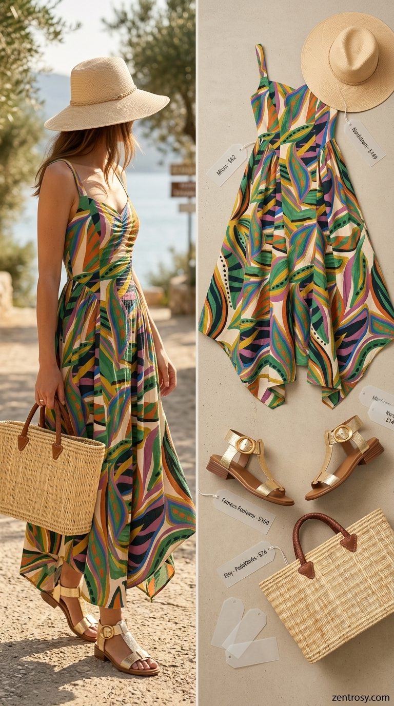 Cute preppy summer outfits for women 2026: Teal abstract maxi dress, straw hat, straw tote, gold sandals.