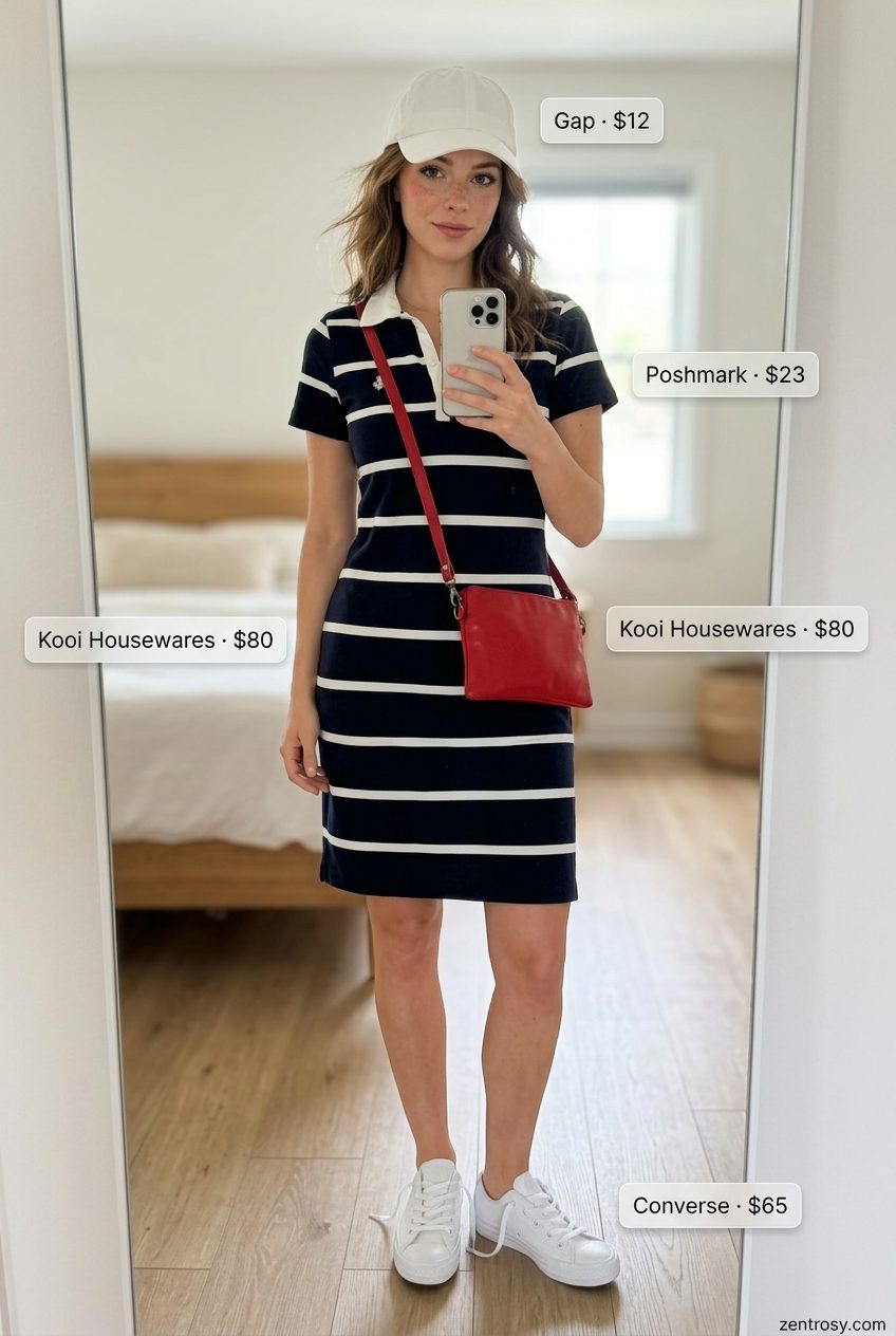 Cute preppy summer outfits for women 2026: Navy polo dress, white sneakers, red crossbody bag, white baseball cap.