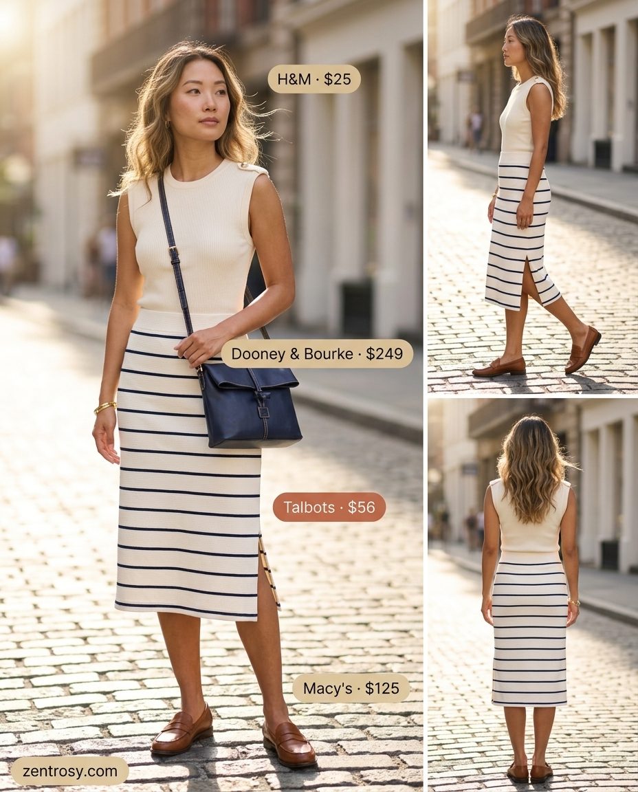 Cute preppy summer outfits for women 2026: Striped midi skirt, cream tank, loafers for nautical chic.