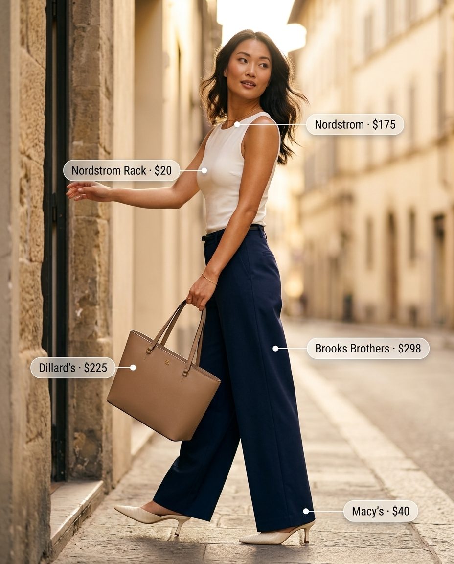 Cute preppy summer outfits for women 2026: Wide-leg trousers, knit tank, mules for brunch.
