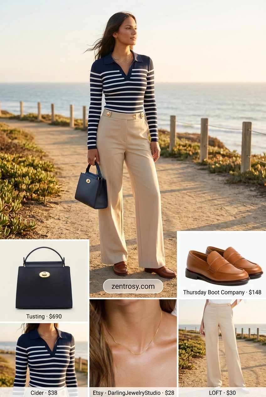 Cute preppy summer outfits for women 2026: Wide-leg pants, striped bodysuit, loafers for smart casual.