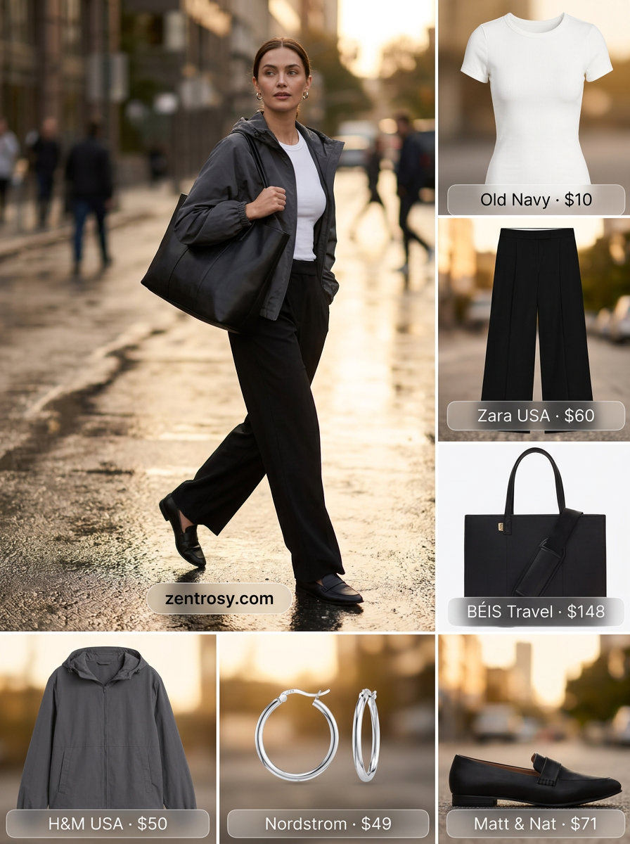 Cute rainy day summer outfit for women 2026: Black wide-leg pants, grey jacket, and loafers for polished city exploration.