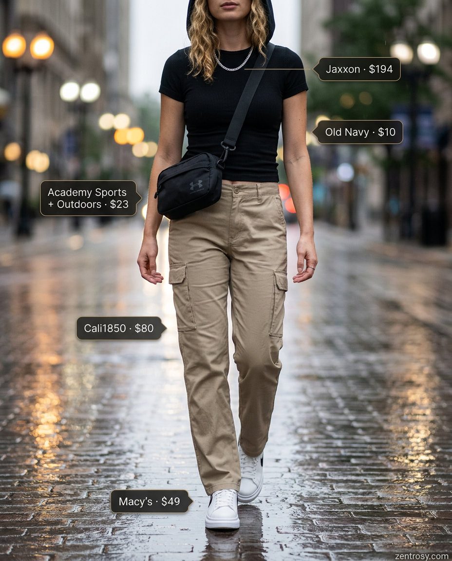 Cute rainy day summer outfits for women 2026: Khaki cargo pants, black tee, belt bag, and chunky sneakers for cool street style.