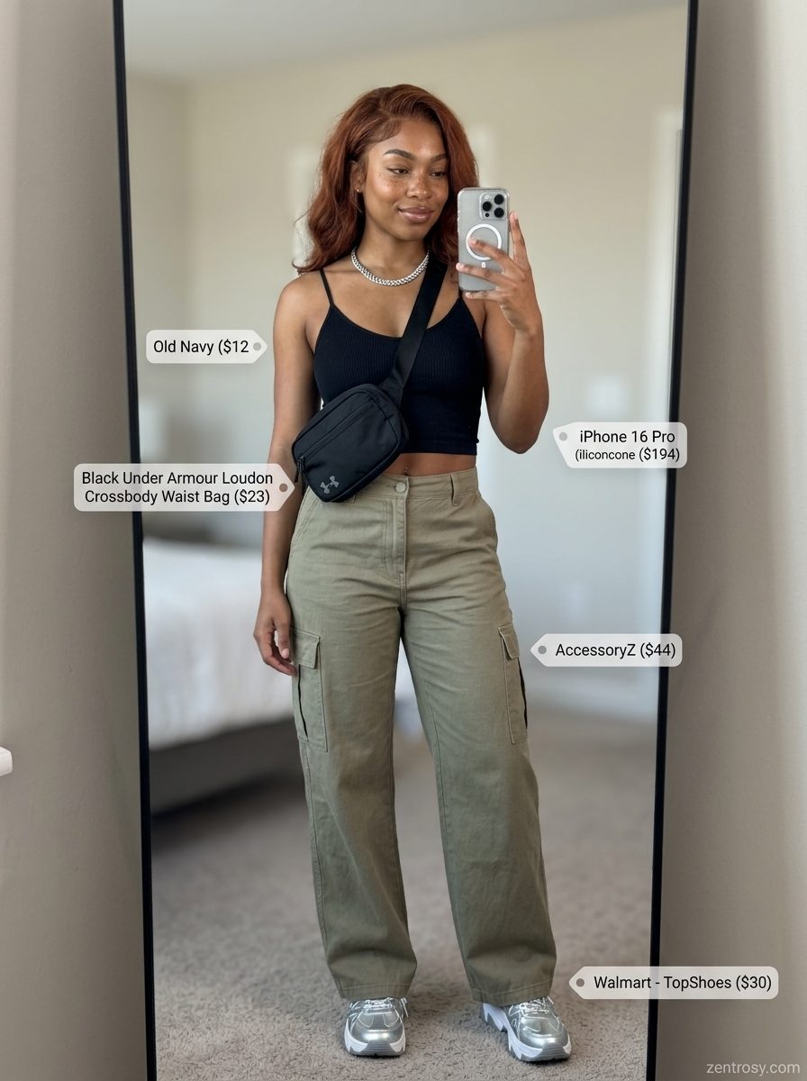 Cute rainy day summer outfit for women 2026: Khaki cargo pants, black crop top, white sneakers, and belt bag.