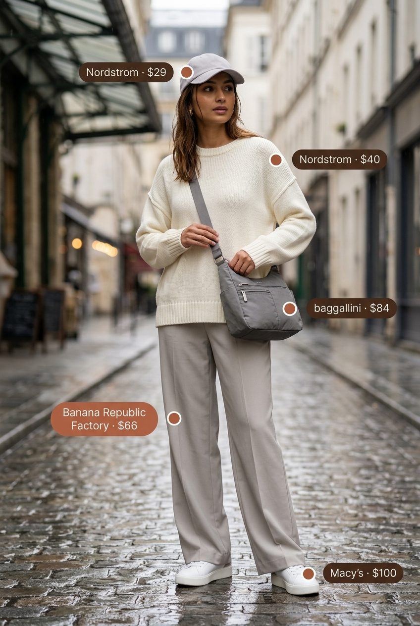 Cute rainy day summer outfit for women 2026: Stone wide-leg pants, cream knit sweater, grey crossbody bag, and white sneakers.