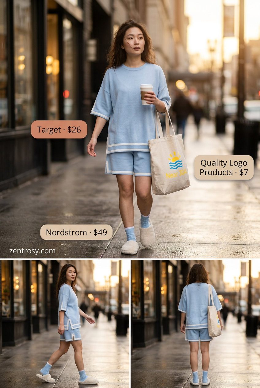 Cute rainy day summer outfits for women 2026: Light blue knit set with slide slippers and canvas tote for ultimate comfort.