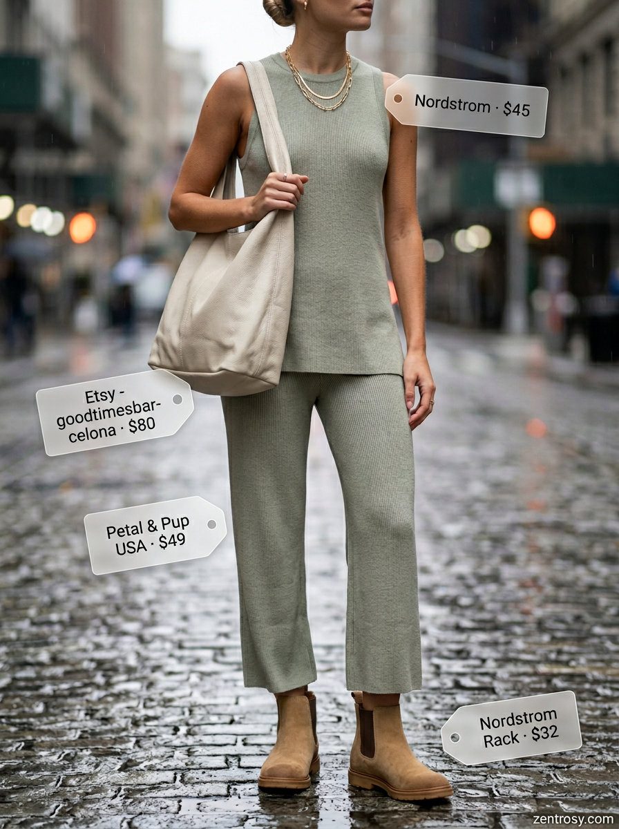Cute rainy day summer outfits for women 2026: Sage green knit set with suede boots and slouchy bag for cozy errands.