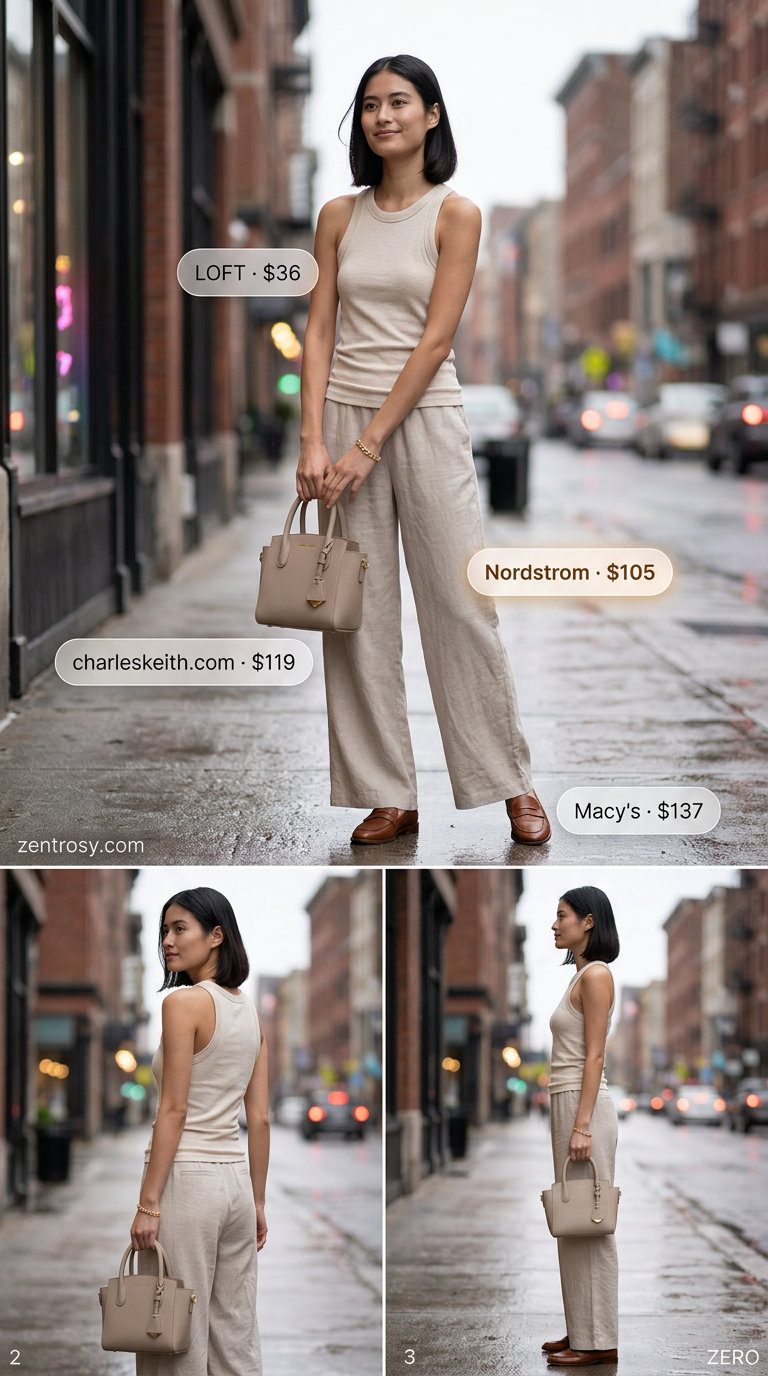 Cute rainy day summer outfit for women 2026: Cream wide-leg pants, knit tank, and loafers for chic casual style.