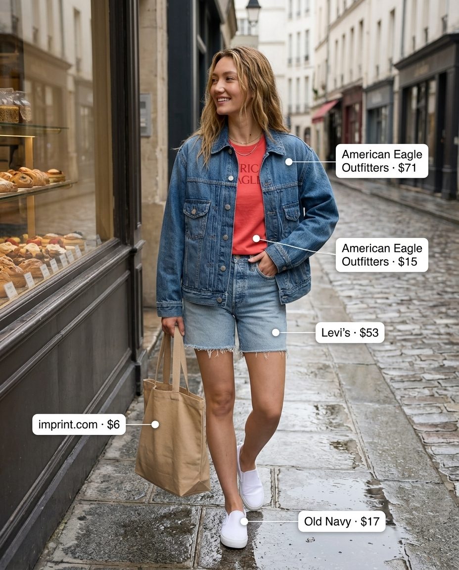 Cute rainy day summer outfit for women 2026: Denim jacket, coral tee, denim shorts, and white sneakers.