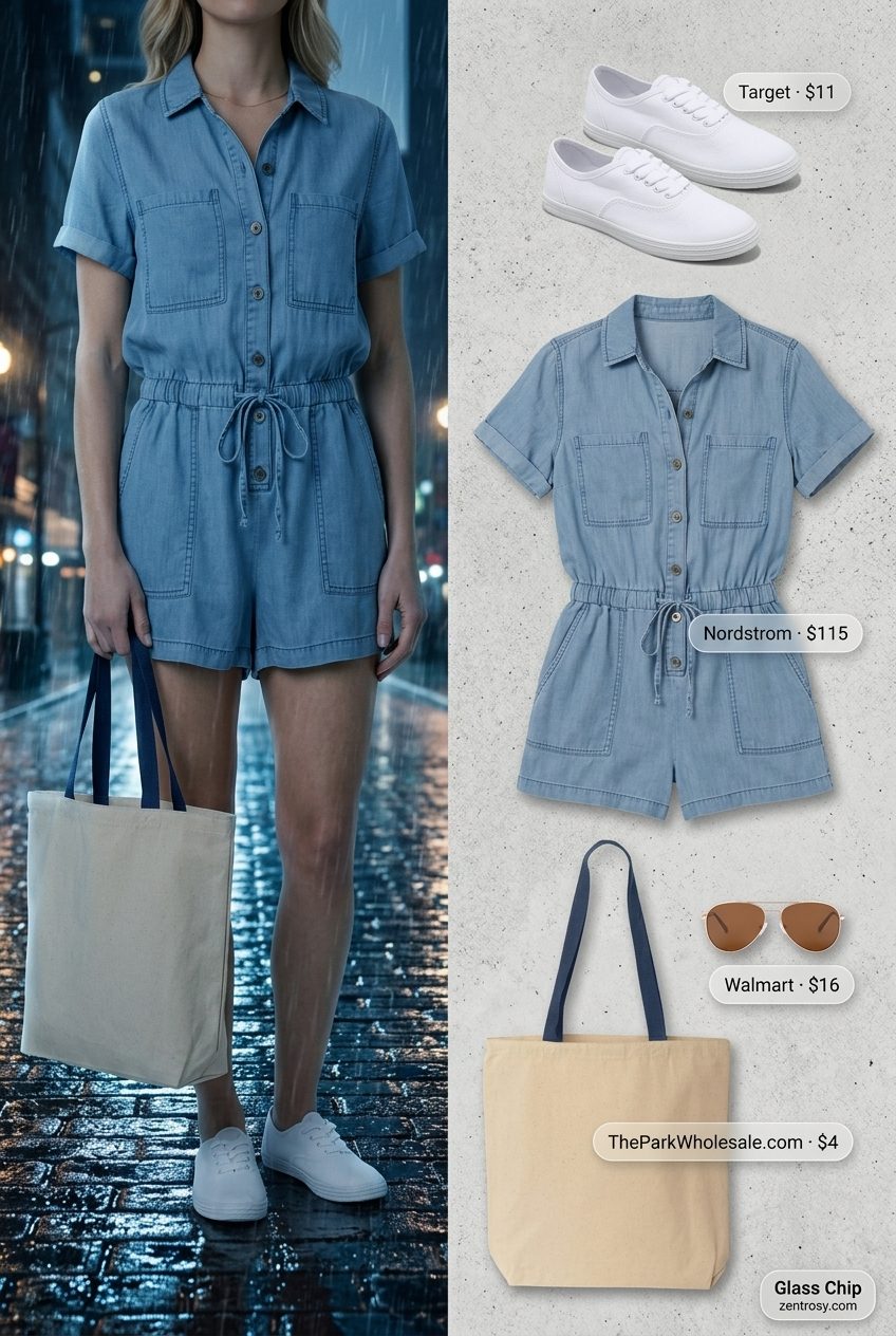 Cute rainy day summer outfit for women 2026: Denim romper, white sneakers, canvas tote, and aviator sunglasses.