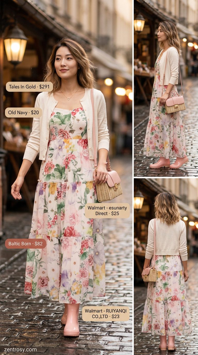 Cute rainy day summer outfit for women 2026: Blush floral dress, clear rain boots, and cardigan for a romantic date.