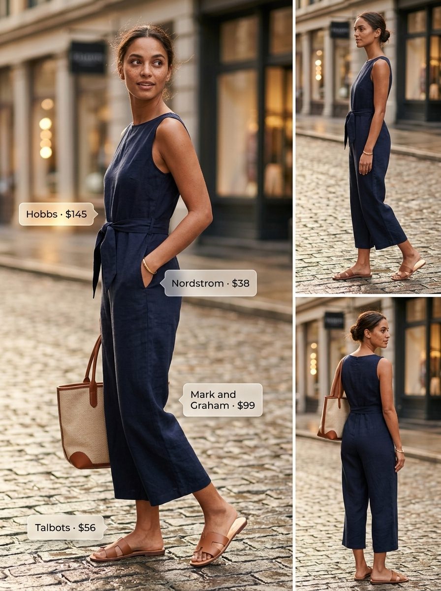 Cute rainy day summer outfit for women 2026: Navy wide-leg jumpsuit, tan slides, and canvas tote for relaxed weekend style.