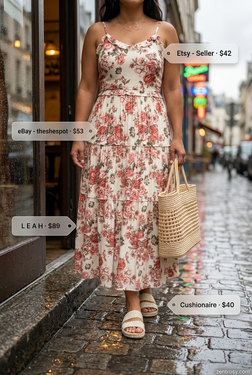 Cute rainy day summer outfit for women 2026: Coral floral maxi dress, espadrilles, and straw tote for a relaxed vibe.